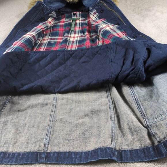 Vintage Ralph Lauren Jeans Co Women’s S Denim Toggle Coat Faux Fur Hood Plaid - Picture 7 of 16